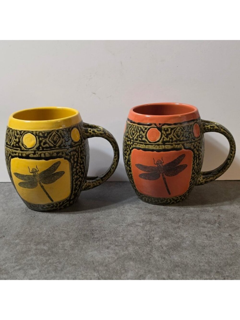 Always Azul Pottery Dragonfly Stoneware Mugs Set of 2 Yellow Coral Colorado Cup